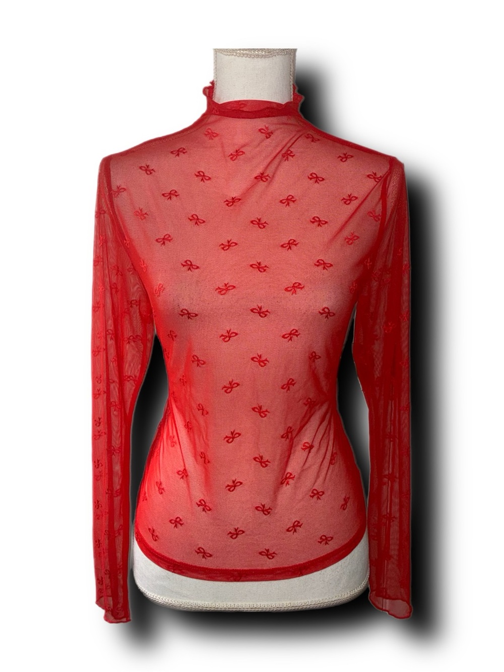 Sheer Mock Neck Bow/Ribbon Print Long Sleeve Top Whimsycore Whimsigoth Holiday